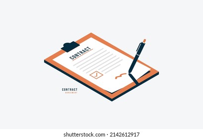 Digital signature and smart contract agreement concept, Isometric paper with pencil signing document on clipboard. Successful completion of business tasks vector illustration