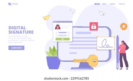 Digital signature, smart contract online, electronic signature. Design concept for landing page. Flat vector illustration with characters for website, print, banner.