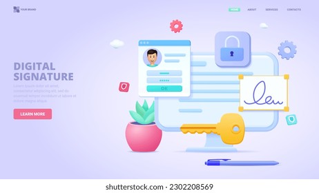 Digital signature, smart contract online, electronic signature. Three dimensional concept for landing page. 3d vector illustration  for website, print, banner.