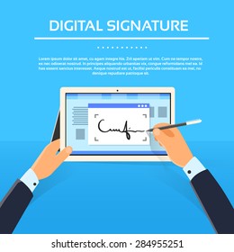 Digital Signature Tablet Computer Businessman Hands Sign Up Flat Vector Illustration