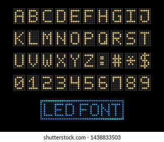 Digital signing led panel. Electronic leds score font background, type letters and numbers dots alphabet screen, dotted signs matrix display vector illustration