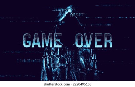 Digital silhouette and "Game over" sign, bitmap effect. Hacked system or cyber attack. Vector illustration.
