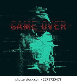 Digital silhouette and "Game over" sign, bitmap effect. Hacked system or cyber attack. Vector illustration.