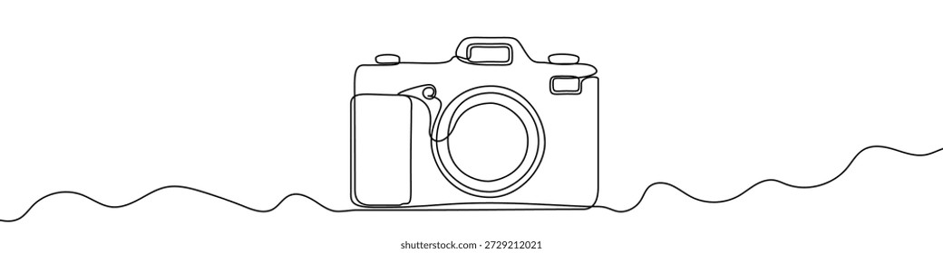 Digital single-lens reflex camera in one line art style. Drawing of a professional photocamera with editable black stroke. Vector illustration.