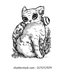 Digital sketch with cat. Ink graphic drawing.