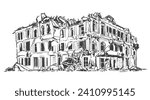 Digital sketch of damaged public building in black and white