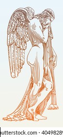digital sketch drawing of marble statue sad angel in St. Peter's Cathedral, Rome, Vatican, Italy, vector illustration  