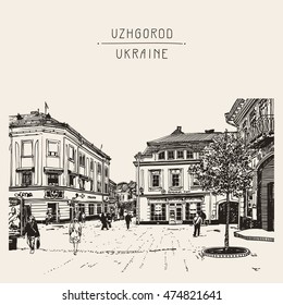 digital sketch of Uzhgorod cityscape, Ukraine, town landscape and people walking with handwritten inscription, pleinair drawing, vector illustration