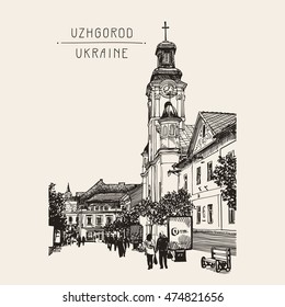 digital sketch of Uzhgorod cityscape, Ukraine, town landscape and people walking with handwritten inscription, pleinair drawing, vector illustration