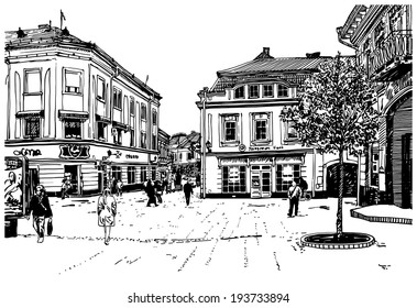digital sketch vector black and white illustration of Uzhgorod cityscape, Ukraine