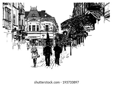 digital sketch vector black and white illustration of Uzhgorod cityscape, Ukraine