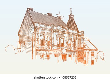 digital sketch vector illustration of Uzhgorod cityscape, Ukraine, travel postcard