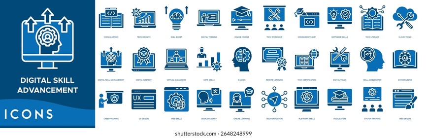 Digital Skill Advancement icon set. Code Learning, Tech Growth, Skill Boost, Digital Training, Online Course, Tech Workshop, Coding Bootcamp and Software Skills