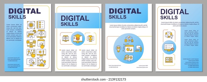 Digital skills blue brochure template. Computer literacy. Leaflet design with linear icons. 4 vector layouts for presentation, annual reports. Arial-Black, Myriad Pro-Regular fonts used