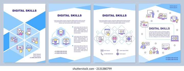 Digital skills brochure template. Computer literacy. Leaflet design with linear icons. 4 vector layouts for presentation, annual reports. Arial-Black, Myriad Pro-Regular fonts used