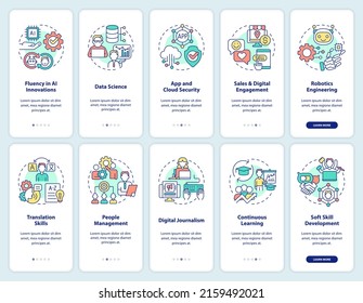 Digital skills and career development onboarding mobile app screen set. Walkthrough 5 steps graphic instructions pages with linear concepts. UI, UX, GUI template. Myriad Pro-Bold, Regular fonts used