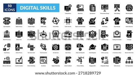 Digital Skills Glyph Icon Set. Coding Basics, Data Entry, Spreadsheet Management, Presentation Design, Video Editing Skills, Web Navigation, Online Research Methods