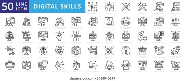 Digital skills icon set with creativity, media, literacy, finding information, browsing, filtering data, evaluating and content.