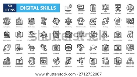 Digital Skills Line Icon Set. Coding Basics, Data Entry, Spreadsheet Management, Presentation Design, Video Editing Skills, Web Navigation, Online Research Methods
