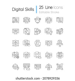 Digital skills linear icons set. Gaining literacy competencies in digital era. Technological proficiency. Customizable thin line contour symbols. Isolated vector outline illustrations. Editable stroke