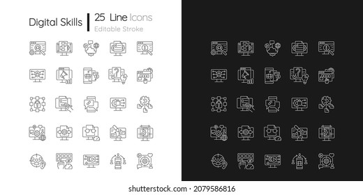 Digital skills linear icons set for dark and light mode. Gaining literacy competencies in digital era. Customizable thin line symbols. Isolated vector outline illustrations. Editable stroke