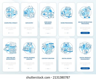 Digital skills and literacy blue onboarding mobile app screen set. Walkthrough 5 steps graphic instructions pages with linear concepts. UI, UX, GUI template. Myriad Pro-Bold, Regular fonts used