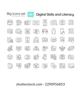 Digitale Fertigkeiten und lineare Bildwiederholungen setzen Symbole ein. Computerprogrammierung. Internetbürgerschaft. Online-Sicherheit. Anpassbare Thin-Line-Symbole. Einzige Vektorgrafik-Rahmenillustrationen. Bearbeitbarer Hub