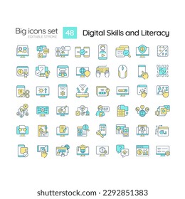 Digital skills and literacy RGB color icons set. Computer programming. Cyber citizenship. Online safety. Isolated vector illustrations. Simple filled line drawings collection. Editable stroke