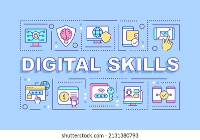 Digital Skills Word Concepts Blue Banner. Computer Systems Literacy. Infographics With Icons On Color Background. Isolated Typography. Vector Illustration With Text. Arial-Black Font Used