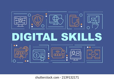 Digital skills word concepts dark blue banner. Computer literacy. Infographics with icons on color background. Isolated typography. Vector illustration with text. Arial-Black font used