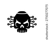 Digital skull icon with circuit elements representing cyber warfare, hacking threats, cybersecurity attacks and digital conflict in modern technology systems.