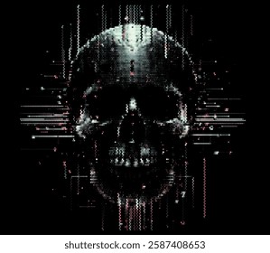 Digital skull illustration features pixelated, glitch-style effects on a dark background. It uses colorful gradients, evoking a cyberpunk feel and symbolizing hacking and digital infiltration.