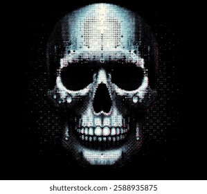 Digital skull illustration features pixelated, glitch-style effects against a dark background. The design uses colorful gradients, creating a cyberpunk and eerie atmosphere.