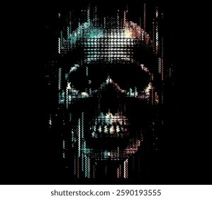 Digital skull illustration features pixelated, glitch-style effects against a dark background. The design uses colorful gradients, creating a cyberpunk and eerie atmosphere.