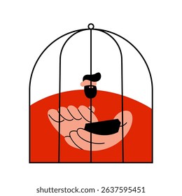 Digital slavery. Man sits in a cage and surfs the Internet on his phone. Restriction of freedom for a man. Flat vector illustration.