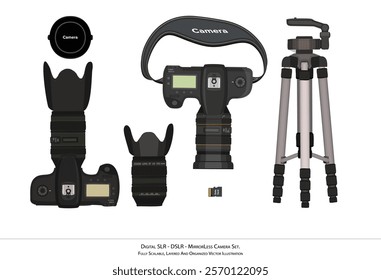 Digital SLR - DSLR and Mirrorless Camera Set Vector Illustration - Top View Camera Parts for Design Projects