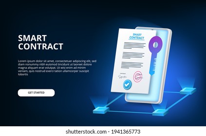 Digital smart contract for electronic sign document agreement security, finance, legal corporate. phone illustration with certificate with key protection security with dark background