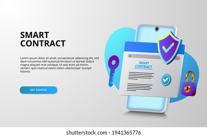 Digital smart contract for electronic sign document agreement security, finance, legal corporate. mobile web document with shield, key, and padlock for security and protection with white background