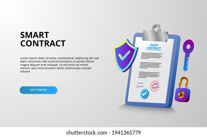 Digital smart contract for electronic sign document agreement security, finance, legal corporate. clipboard document illustration with shield protection security with white background