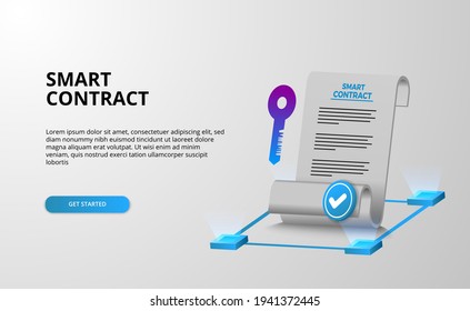 Digital smart contract for electronic sign document agreement security, finance, legal corporate. with paper document and key security protection with white background