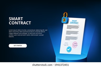 Digital smart contract for electronic sign document agreement security, finance, legal corporate. paper certificate with padlock cylinder podium stage with light and dark background