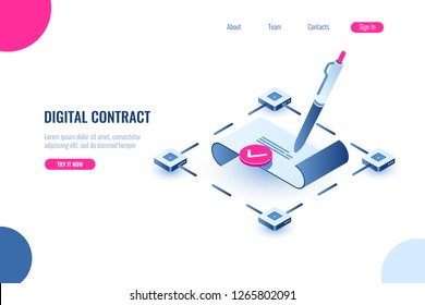 Digital smart contract, isometric icon concept of electronic signature, blockchain technology crypto, paper receipt of payment, verified document, flat vector illustration, blue and pink color