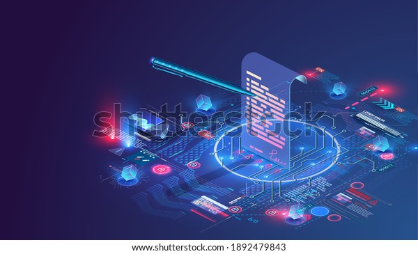 Digital smart\
contract, isometric icon concept of electronic signature,\
blockchain technology crypto. Online e-contract document. Can use\
for web banner. Vector\
illustration