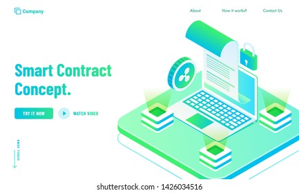 Digital Smart Contract landing page design with isometric concept of electronic equipment, blockchain technology, paper receipt of payment on green and white background.
