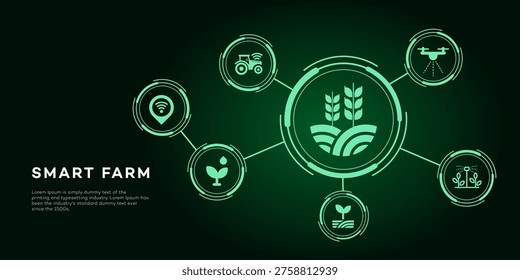 Digital smart farm concept infographic showing drone, autonomous tractor, irrigation, sensors, and crop cultivation for modern agriculture technology.