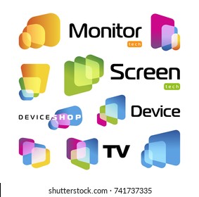 Digital smart TV monitor technology logo. Screen new technology, high resolutions cinema. Isolated unusual rectangles with rounded corners intersecting each other. colorful icons set