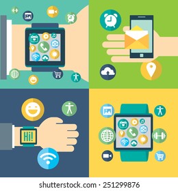 Digital smart watch and gadgets with the similar smart phone's functions, mobile icon set. Vector modern illustration and design element. Push notifications