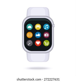 Digital smart watch with the similar smart phone functions, mobile icon set. Vector illustration. Flat design