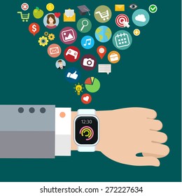 Digital smart watch with the similar smart phone functions, mobile icon set. Vector illustration. Flat design