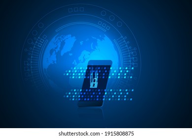 digital smartphone with circuit lines on binary code technology abstract background. high security protection from padlock tech abstract.